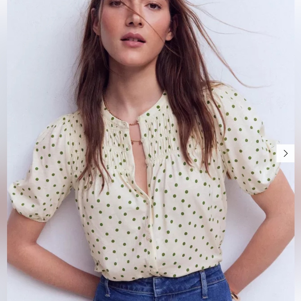 Boden White Short-Sleeve Button-Front Top with Green Polka Dots